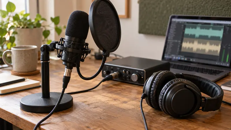 A microphone, headphones and an audio interface in a recording workspace