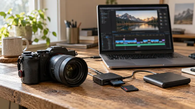 Camera media, a card reader and an SSD beside an editing laptop