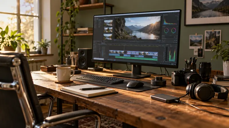 A video editing workstation with a monitor, camera and headphones