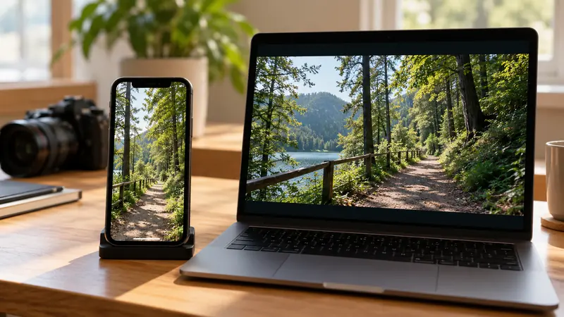 A portrait video on a phone beside a landscape preview on a laptop